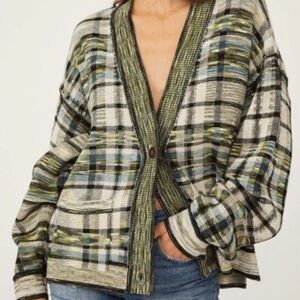 Free People McGregor Plaid Knit Cardigan in Cream, Black, Blue, and Olive Sz S